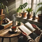 Person reading a book in a cozy room